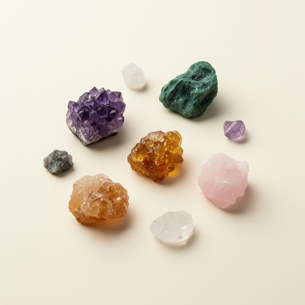 A scattered arrangement of small raw natural crystals in jewel tones